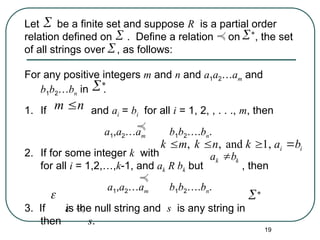 19
For any positive integers m and n and a1a2…am and
b1b2…bn in .
1. If and ai = bi for all i = 1, 2, , . . ., m, then
a1,a2…am b1b2….bn.
2. If for some integer k with
for all i = 1,2,…,k-1, and ak R bk but , then
a1,a2…am b1b2….bn.
3. If is the null string and s is any string in
then s.
m n

*

Let be a finite set and suppose R is a partial order
relation defined on . Define a relation on , the set
of all strings over , as follows:

*



, , and 1, i i
k m k n k a b
   
k k
a b



*

 