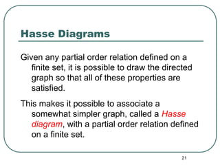 21
Hasse Diagrams
Given any partial order relation defined on a
finite set, it is possible to draw the directed
graph so that all of these properties are
satisfied.
This makes it possible to associate a
somewhat simpler graph, called a Hasse
diagram, with a partial order relation defined
on a finite set.
 