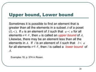 29
Upper bound, Lower bound
Sometimes it is possible to find an element that is
greater than all the elements in a subset A of a poset
(S, ). If u is an element of S such that a u for all
elements , then u is called an upper bound of A.
Likewise, there may be an element less than all the
elements in A. If l is an element of S such that l a
for all elements , then l is called a lower bound of
A.
a A

a A

Examples 18, p. 574 in Rosen.
 
