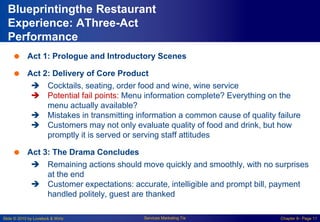 Slide © 2010 by Lovelock & Wirtz Services Marketing 7/e Chapter 8– Page 11
Blueprintingthe Restaurant
Experience: AThree-Act
Performance
 Act 1: Prologue and Introductory Scenes
 Act 2: Delivery of Core Product
 Cocktails, seating, order food and wine, wine service
 Potential fail points: Menu information complete? Everything on the
menu actually available?
 Mistakes in transmitting information a common cause of quality failure
 Customers may not only evaluate quality of food and drink, but how
promptly it is served or serving staff attitudes
 Act 3: The Drama Concludes
 Remaining actions should move quickly and smoothly, with no surprises
at the end
 Customer expectations: accurate, intelligible and prompt bill, payment
handled politely, guest are thanked
 