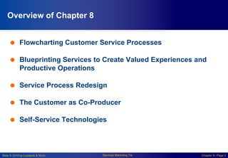 Slide © 2010 by Lovelock & Wirtz Services Marketing 7/e Chapter 8– Page 2
Overview of Chapter 8
 Flowcharting Customer Service Processes
 Blueprinting Services to Create Valued Experiences and
Productive Operations
 Service Process Redesign
 The Customer as Co-Producer
 Self-Service Technologies
 