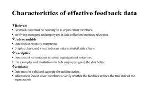 Characteristics of effective feedback data
Relevant
• Feedback data must be meaningful to organization members.
• Involving managers and employees in data collection increases relevance.
Understandable
• Data should be easily interpreted.
• Graphs, charts, and visual aids can make statistical data clearer.
Descriptive
• Data should be connected to actual organizational behaviors.
• Use examples and illustrations to help employees grasp the data better.
Verifiable
• Data must be valid and accurate for guiding action.
• Information should allow members to verify whether the feedback reflects the true state of the
organization.
 