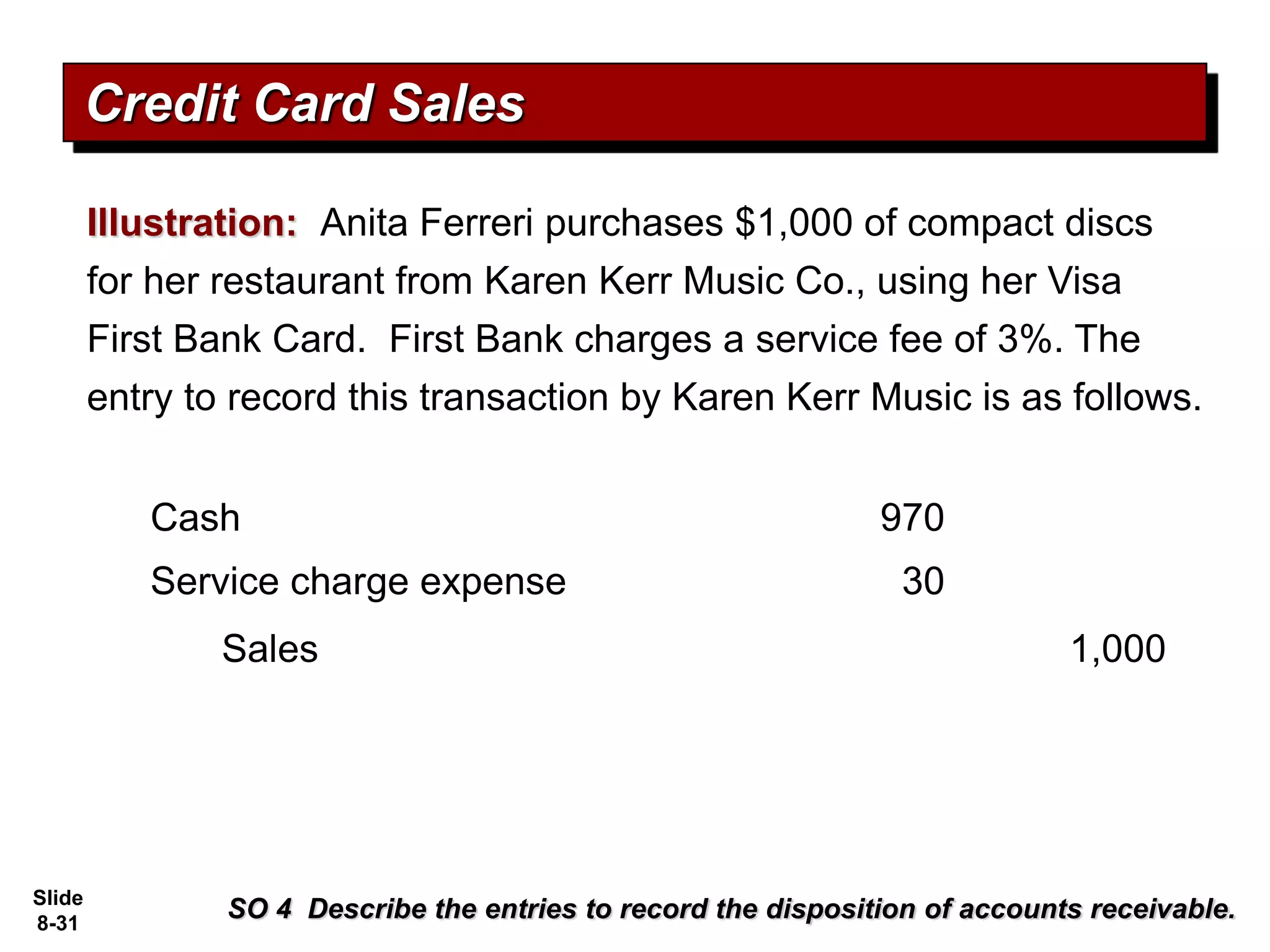 Slide
8-31
SO 4 Describe the entries to record the disposition of accounts receivable.
Credit Card Sales
Illustration: Anita Ferreri purchases $1,000 of compact discs
for her restaurant from Karen Kerr Music Co., using her Visa
First Bank Card. First Bank charges a service fee of 3%. The
entry to record this transaction by Karen Kerr Music is as follows.
Sales 1,000
Cash 970
Service charge expense 30
 