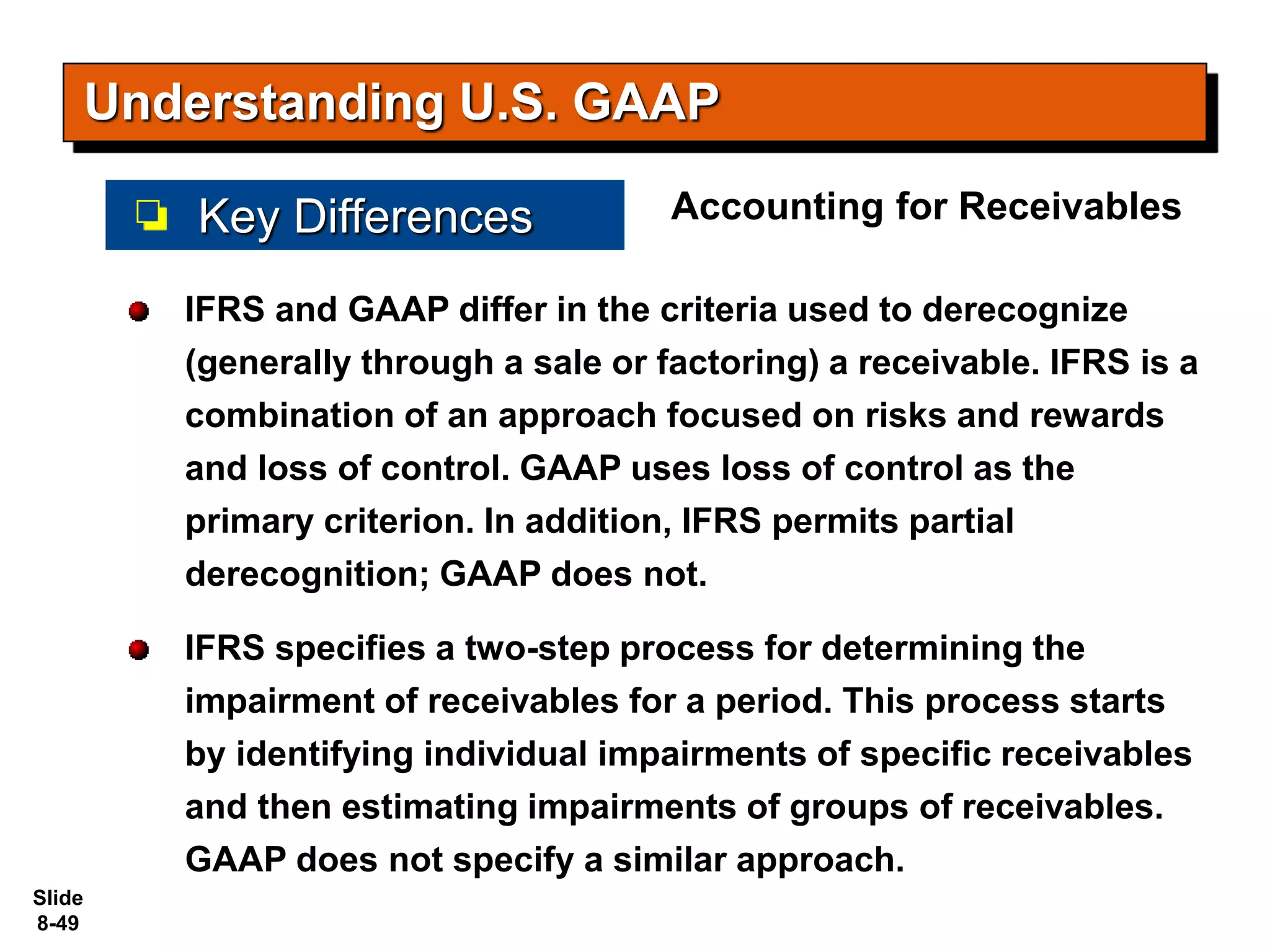Slide
8-49
IFRS and GAAP differ in the criteria used to derecognize
(generally through a sale or factoring) a receivable. IFRS is a
combination of an approach focused on risks and rewards
and loss of control. GAAP uses loss of control as the
primary criterion. In addition, IFRS permits partial
derecognition; GAAP does not.
IFRS specifies a two-step process for determining the
impairment of receivables for a period. This process starts
by identifying individual impairments of specific receivables
and then estimating impairments of groups of receivables.
GAAP does not specify a similar approach.
Understanding U.S. GAAP
Key Differences Accounting for Receivables
 