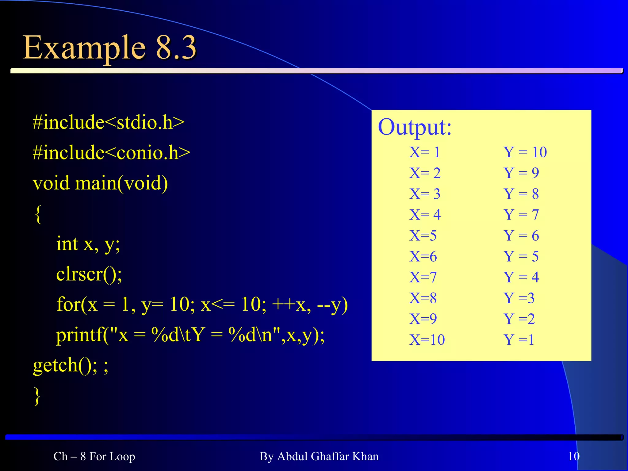 Example 8.3 #include<stdio.h> #include<conio.h> void main(void) { int x, y; clrscr(); for(x = 1, y= 10; x<= 10; ++x, --y) printf(&quot;x = %d\tY = %d\n&quot;,x,y); getch(); ; }  Ch – 8 For Loop By Abdul Ghaffar Khan Output: X= 1 Y = 10 X= 2  Y = 9  X= 3  Y = 8 X= 4  Y = 7 X=5  Y = 6 X=6  Y = 5 X=7 Y = 4 X=8  Y =3 X=9  Y =2 X=10  Y =1 