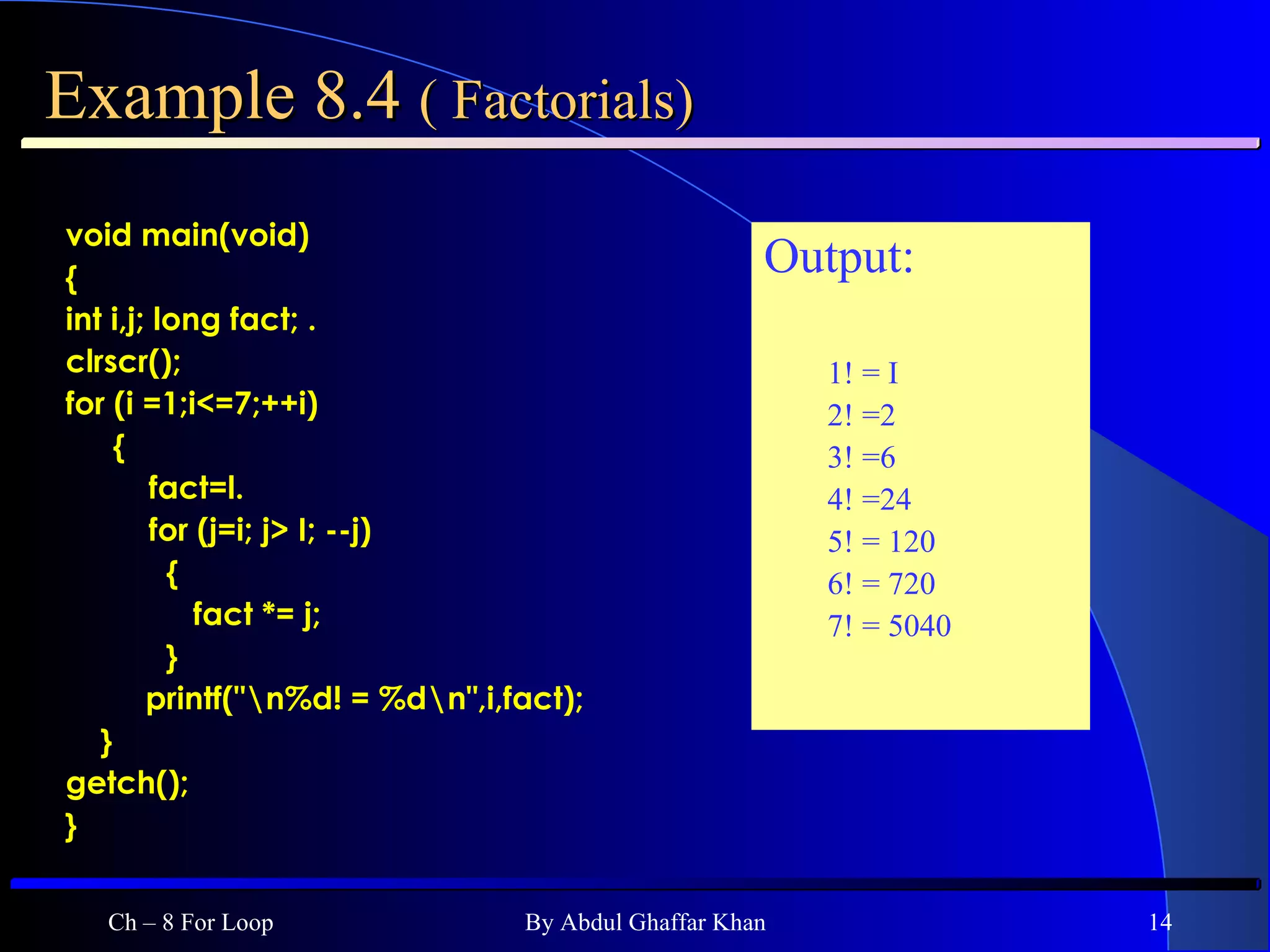Example 8.4  ( Factorials) void main(void) { int i,j; long fact; . clrscr(); for (i =1;i<=7;++i) {   fact=l.   for (j=i; j> I; --j)   {   fact *= j;   } printf(&quot;\n%d! = %d\n&quot;,i,fact); } getch(); } Ch – 8 For Loop By Abdul Ghaffar Khan Output: 1! = I 2! =2 3! =6 4! =24 5! = 120 6! = 720 7! = 5040 