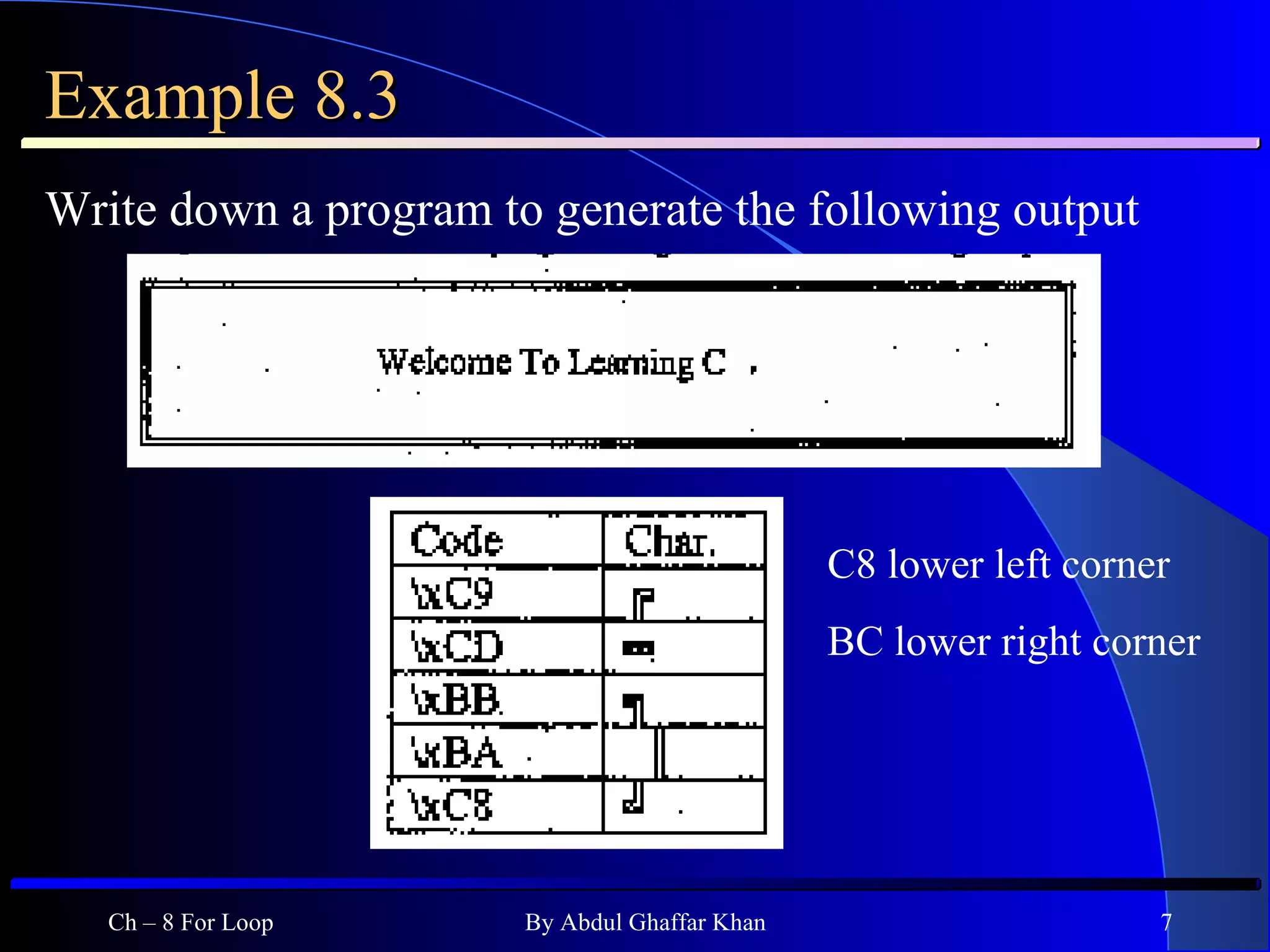 Example 8.3 Write down a program to generate the following output Ch – 8 For Loop By Abdul Ghaffar Khan C8 lower left corner BC lower right corner 
