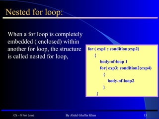 Nested for loop: When a for loop is completely embedded ( enclosed) within another for loop, the structure is called nested for loop,  Ch – 8 For Loop By Abdul Ghaffar Khan for ( exp1 ; condition;exp2) { body-of-loop 1 for( exp3; condition2;exp4) { body-of-loop2 } } 