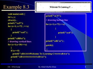 Example 8.3 void main(void) { int x, y; clrscr(); . printf (&quot;\xc9&quot;); for (x=1; x<72 ; ++x) { printf(&quot;\xcd&quot;) ; } printf(&quot;\xBB\n&quot;);  // drawing vertical lines  for (x=1;x<10;++x) { if (x==5) printf(&quot;\xBA\t\t\tWelcome To Learning C\t\t\t\t\xBA\n&quot;); printf(&quot;\xBA\t\t\t\t\t\t\t\t\t\xBA\n&quot;); } Ch – 8 For Loop By Abdul Ghaffar Khan printf(&quot;\xC8&quot;); // drawing bottom line  for (x=1;x<72;++x) {    printf(&quot;\xcd&quot;); } printf(&quot;\xBC\n&quot;) ; getch(); }  
