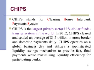 CHIPS
 CHIPS stands for Clearing House Interbank
Payments System
 CHIPS is the largest private-sector U.S.-dollar funds-
transfer system in the world. In 2012, CHIPS cleared
and settled an average of $1.5 trillion in cross-border
and domestic payments daily. CHIPS operates on a
global business day and utilizes a sophisticated
liquidity savings mechanism to provide fast, final
payments while maximizing liquidity efficiency for
participating banks.
15
 