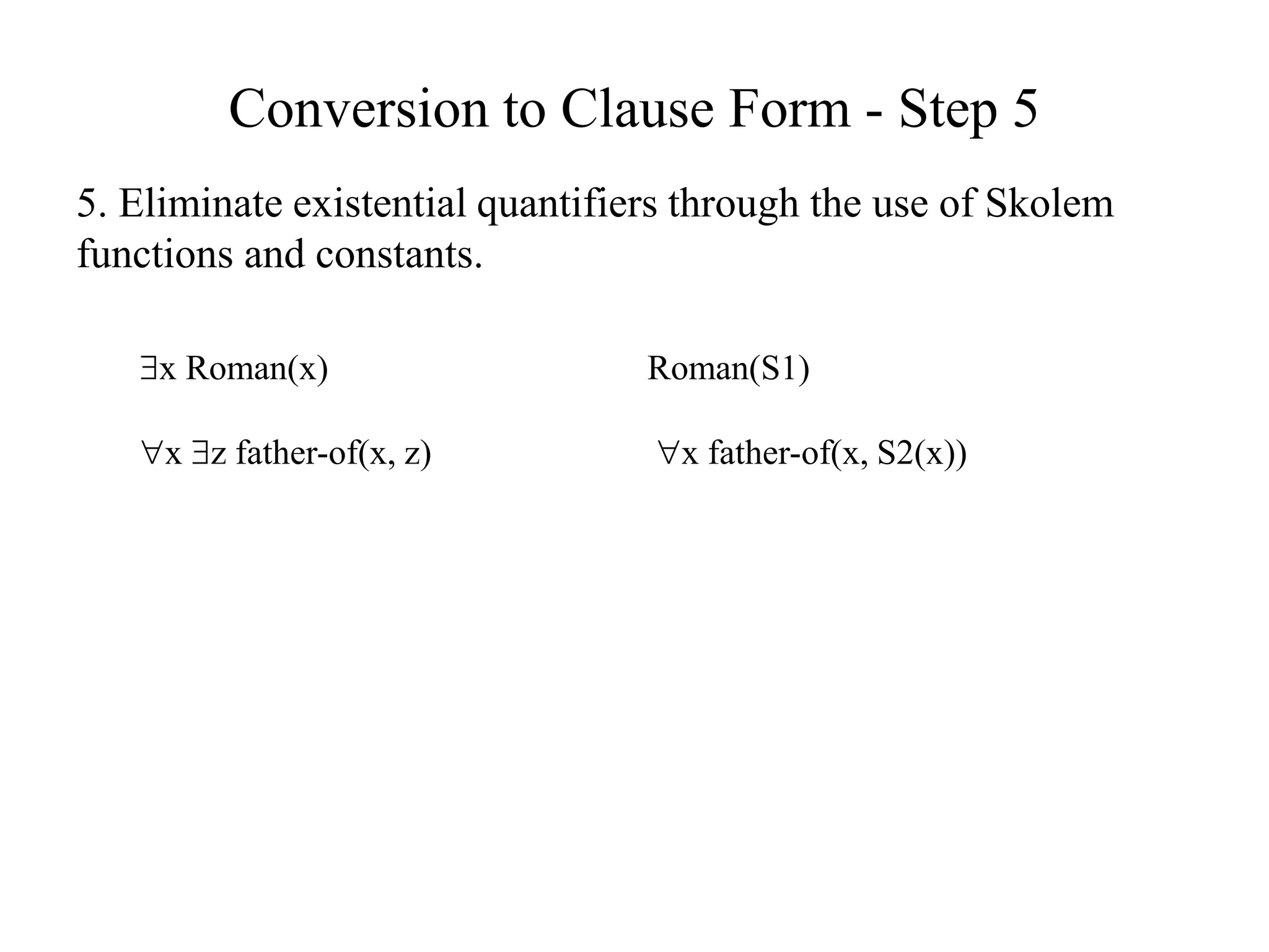 Conversion to Clause Form - Step 5
5. Eliminate existential quantifiers through the use of Skolem
functions and constants.
x Roman(x) Roman(S1)
x z father-of(x, z) x father-of(x, S2(x))
 