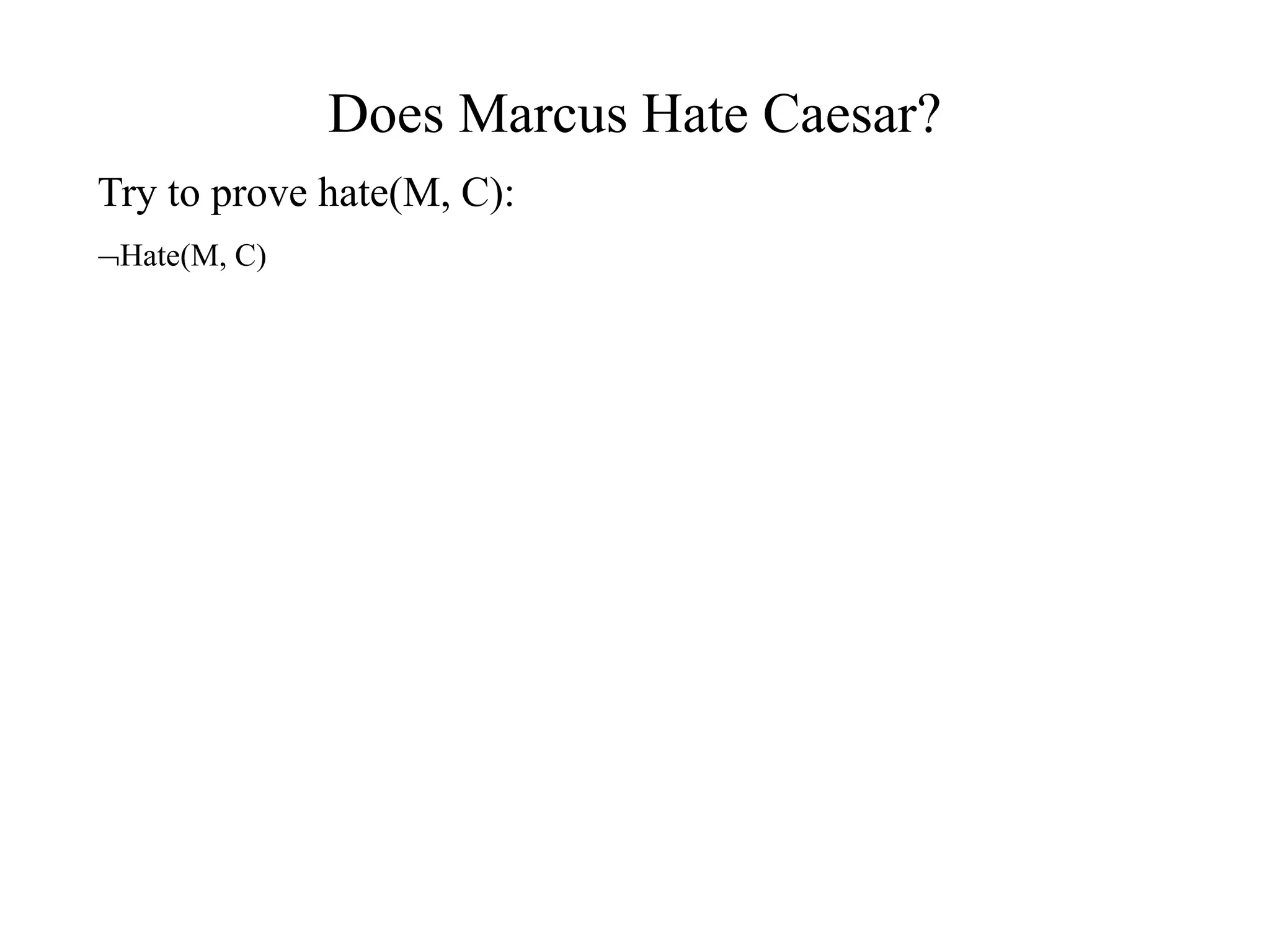Does Marcus Hate Caesar?
Try to prove hate(M, C):
Hate(M, C)
 