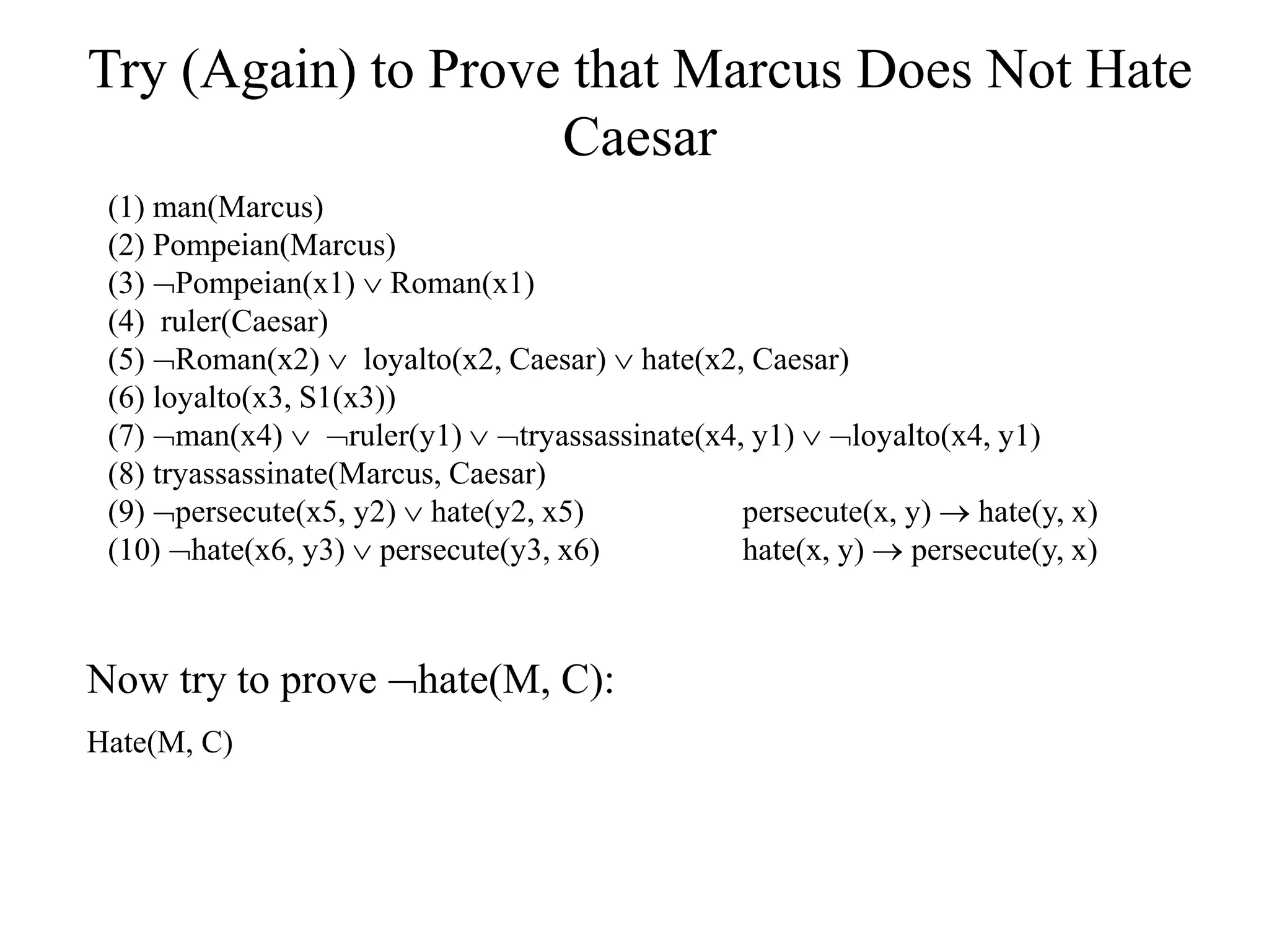 Try (Again) to Prove that Marcus Does Not Hate
Caesar
Now try to prove hate(M, C):
Hate(M, C)
(1) man(Marcus)
(2) Pompeian(Marcus)
(3) Pompeian(x1)  Roman(x1)
(4) ruler(Caesar)
(5) Roman(x2)  loyalto(x2, Caesar)  hate(x2, Caesar)
(6) loyalto(x3, S1(x3))
(7) man(x4)  ruler(y1)  tryassassinate(x4, y1)  loyalto(x4, y1)
(8) tryassassinate(Marcus, Caesar)
(9) persecute(x5, y2)  hate(y2, x5) persecute(x, y)  hate(y, x)
(10) hate(x6, y3)  persecute(y3, x6) hate(x, y)  persecute(y, x)
 
