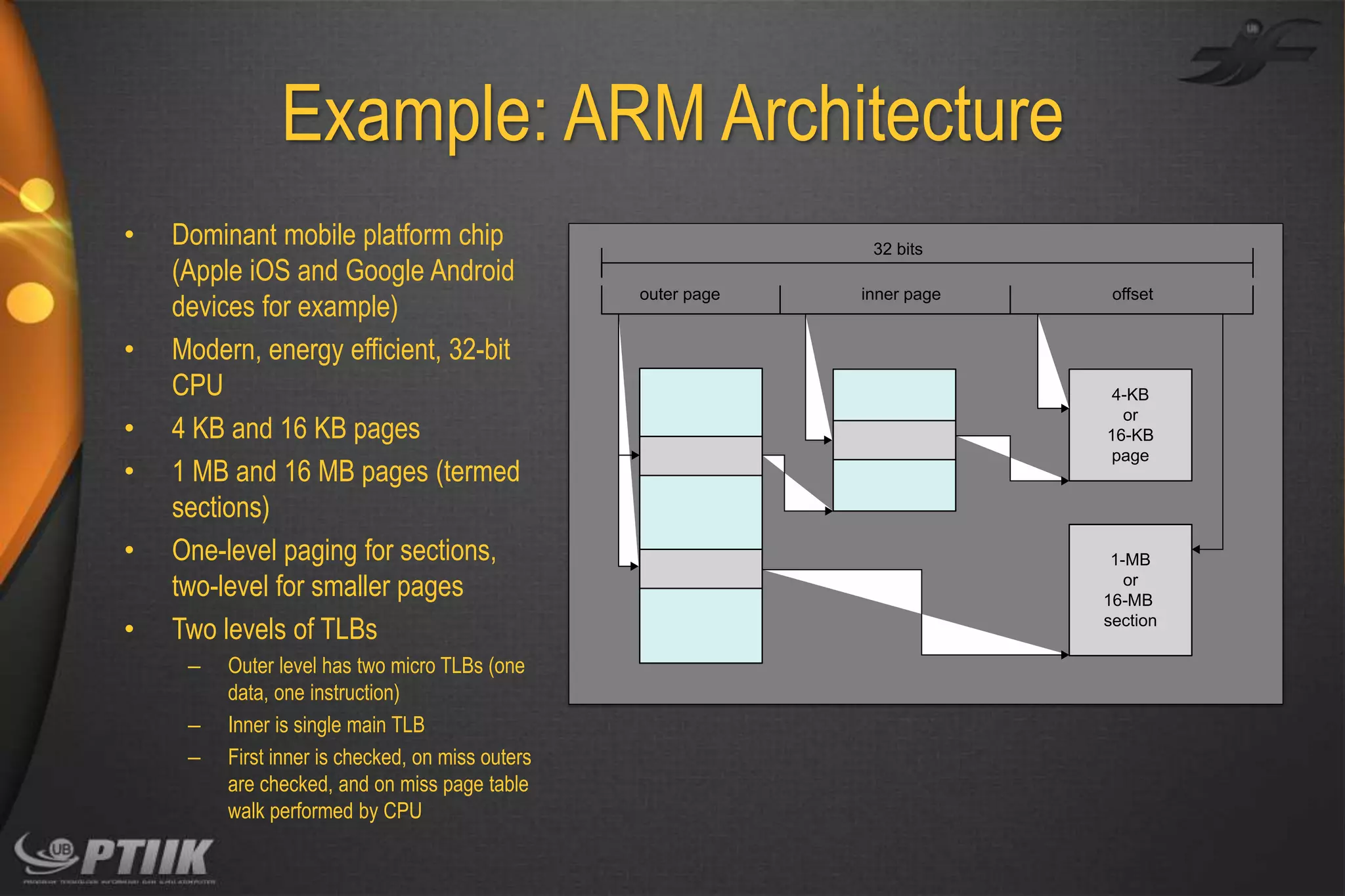 Example: ARM Architecture
•

•
•
•

•
•

Dominant mobile platform chip
(Apple iOS and Google Android
devices for example)
Modern, energy efficient, 32-bit
CPU
4 KB and 16 KB pages
1 MB and 16 MB pages (termed
sections)
One-level paging for sections,
two-level for smaller pages
Two levels of TLBs
–
–
–

Outer level has two micro TLBs (one
data, one instruction)
Inner is single main TLB
First inner is checked, on miss outers
are checked, and on miss page table
walk performed by CPU

32 bits
outer page

inner page

offset

4-KB
or
16-KB
page

1-MB
or
16-MB
section

 