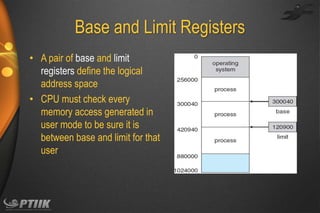 Base and Limit Registers
• A pair of base and limit
registers define the logical
address space
• CPU must check every
memory access generated in
user mode to be sure it is
between base and limit for that
user

 