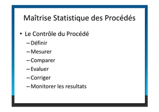 • Le Contrôle du Procédé
–Définir
–Mesurer
Maîtrise Statistique des Procédés
–Comparer
–Evaluer
–Corriger
–Monitorer les resultats
 