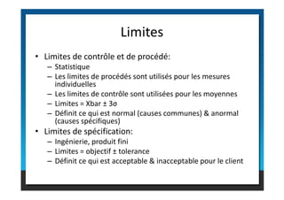 • Limites de contrôle et de procédé:
– Statistique
– Les limites de procédés sont utilisés pour les mesures
individuelles
– Les limites de contrôle sont utilisées pour les moyennes
– Limites = Xbar ± 3σ
Limites
– Limites = Xbar ± 3σ
– Définit ce qui est normal (causes communes) & anormal
(causes spécifiques)
• Limites de spécification:
– Ingénierie, produit fini
– Limites = objectif ± tolerance
– Définit ce qui est acceptable & inacceptable pour le client
 