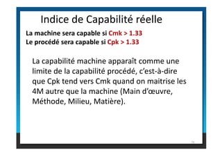 Indice de Capabilité réelle
La machine sera capable si Cmk > 1.33
Le procédé sera capable si Cpk > 1.33
La capabilité machine apparaît comme une
limite de la capabilité procédé, c’est-à-dire
que Cpk tend vers Cmk quand on maitrise les
79
que Cpk tend vers Cmk quand on maitrise les
4M autre que la machine (Main d’œuvre,
Méthode, Milieu, Matière).
 