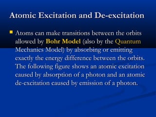 Atomic Excitation and De-excitationAtomic Excitation and De-excitation
 Atoms can make transitions between the orbitsAtoms can make transitions between the orbits
allowed byallowed by Bohr ModelBohr Model (also by the(also by the QuantumQuantum
Mechanics Model) by absorbing or emittingMechanics Model) by absorbing or emitting
exactly the energy difference between the orbits.exactly the energy difference between the orbits.
The following figure shows an atomic excitationThe following figure shows an atomic excitation
caused by absorption of a photon and an atomiccaused by absorption of a photon and an atomic
de-excitation caused by emission of a photon.de-excitation caused by emission of a photon.
 