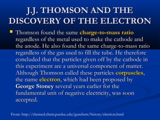 J.J. THOMSON AND THEJ.J. THOMSON AND THE
DISCOVERY OF THE ELECTRONDISCOVERY OF THE ELECTRON
 Thomson found the sameThomson found the same charge-to-mass ratiocharge-to-mass ratio
regardless of the metal used to make the cathode andregardless of the metal used to make the cathode and
the anode. He also found the same charge-to-mass ratiothe anode. He also found the same charge-to-mass ratio
regardless of the gas used to fill the tube. He thereforeregardless of the gas used to fill the tube. He therefore
concluded that the particles given off by the cathode inconcluded that the particles given off by the cathode in
this experiment are a universal component of matter.this experiment are a universal component of matter.
Although Thomson called these particlesAlthough Thomson called these particles corpusclescorpuscles,,
the namethe name electronelectron, which had been proposed by, which had been proposed by
George StoneyGeorge Stoney several years earlier for theseveral years earlier for the
fundamental unit of negative electricity, was soonfundamental unit of negative electricity, was soon
accepted.accepted.
From: http://chemed.chem.purdue.edu/genchem/history/electron.html
 