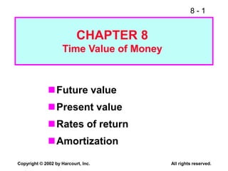 8 - 1
Copyright © 2002 by Harcourt, Inc. All rights reserved.
Future value
Present value
Rates of return
Amortization
CHAPTER 8
Time Value of Money
 