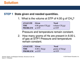 General, Organic, and Biological Chemistry: Structures of Life, 5/e
Karen C. Timberlake
© 2016 Pearson Education, Inc.
Solution
STEP 1 State given and needed quantities.
1. What is the volume at STP of 4.00 g of CH4?
Pressure and temperature remain constant.
2. How many grams of He are present in 8.00 L
of gas at STP? Pressure and temperature
remain constant.
ANALYZE Given Need
THE 4.00 grams CH4(g) volume CH4(g)
PROBLEM at STP at STP
 