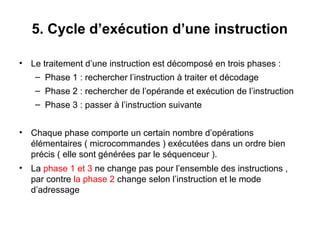 32
5. Cycle d’exécution d’une instruction
• Le traitement d’une instruction est décomposé en trois phases :
– Phase 1 : rechercher l’instruction à traiter et décodage
– Phase 2 : rechercher de l’opérande et exécution de l’instruction
– Phase 3 : passer à l’instruction suivante
• Chaque phase comporte un certain nombre d’opérations
élémentaires ( microcommandes ) exécutées dans un ordre bien
précis ( elle sont générées par le séquenceur ).
• La phase 1 et 3 ne change pas pour l’ensemble des instructions ,
par contre la phase 2 change selon l’instruction et le mode
d’adressage
 