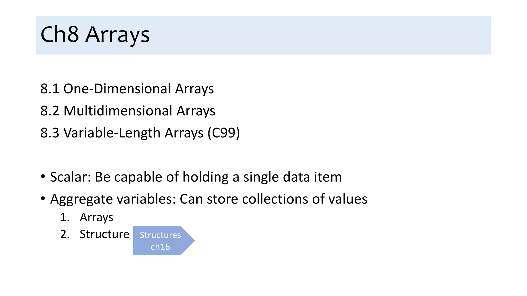 Ch8 Arrays
8.1 One-Dimensional Arrays
8.2 Multidimensional Arrays
8.3 Variable-Length Arrays (C99)
• Scalar: Be capable of holding a single data item
• Aggregate variables: Can store collections of values
1. Arrays
2. Structure Structures
ch16
 