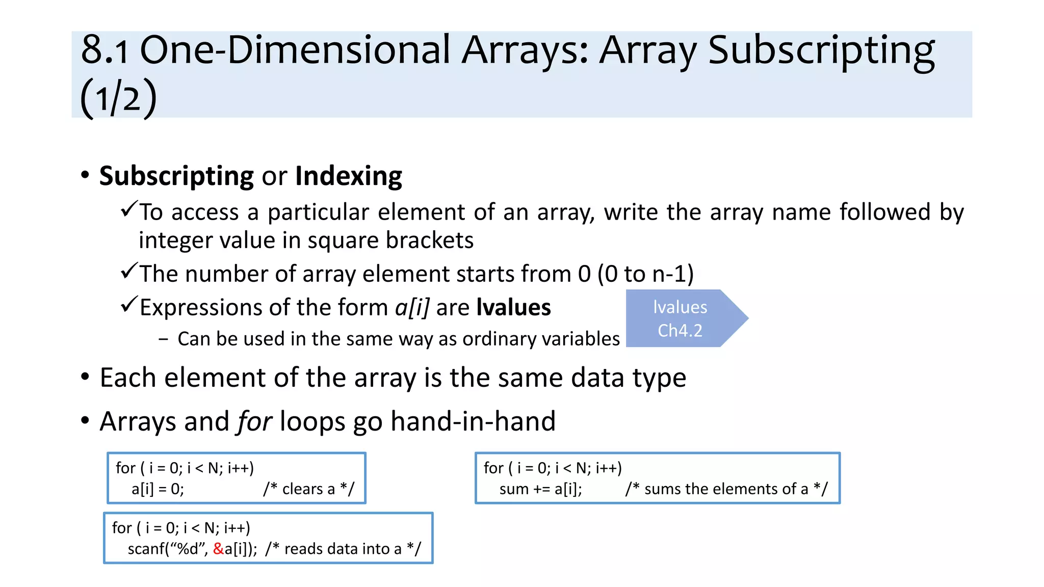 8.1 One-Dimensional Arrays: Array Subscripting
(1/2)
• Subscripting or Indexing
To access a particular element of an array, write the array name followed by
integer value in square brackets
The number of array element starts from 0 (0 to n-1)
Expressions of the form a[i] are lvalues
− Can be used in the same way as ordinary variables
• Each element of the array is the same data type
• Arrays and for loops go hand-in-hand
lvalues
Ch4.2
for ( i = 0; i < N; i++)
a[i] = 0; /* clears a */
for ( i = 0; i < N; i++)
scanf(“%d”, &a[i]); /* reads data into a */
for ( i = 0; i < N; i++)
sum += a[i]; /* sums the elements of a */
 