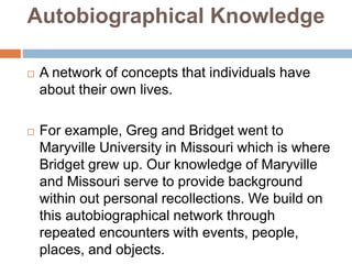 Autobiographical Knowledge
 A network of concepts that individuals have
about their own lives.
 For example, Greg and Bridget went to
Maryville University in Missouri which is where
Bridget grew up. Our knowledge of Maryville
and Missouri serve to provide background
within out personal recollections. We build on
this autobiographical network through
repeated encounters with events, people,
places, and objects.
 