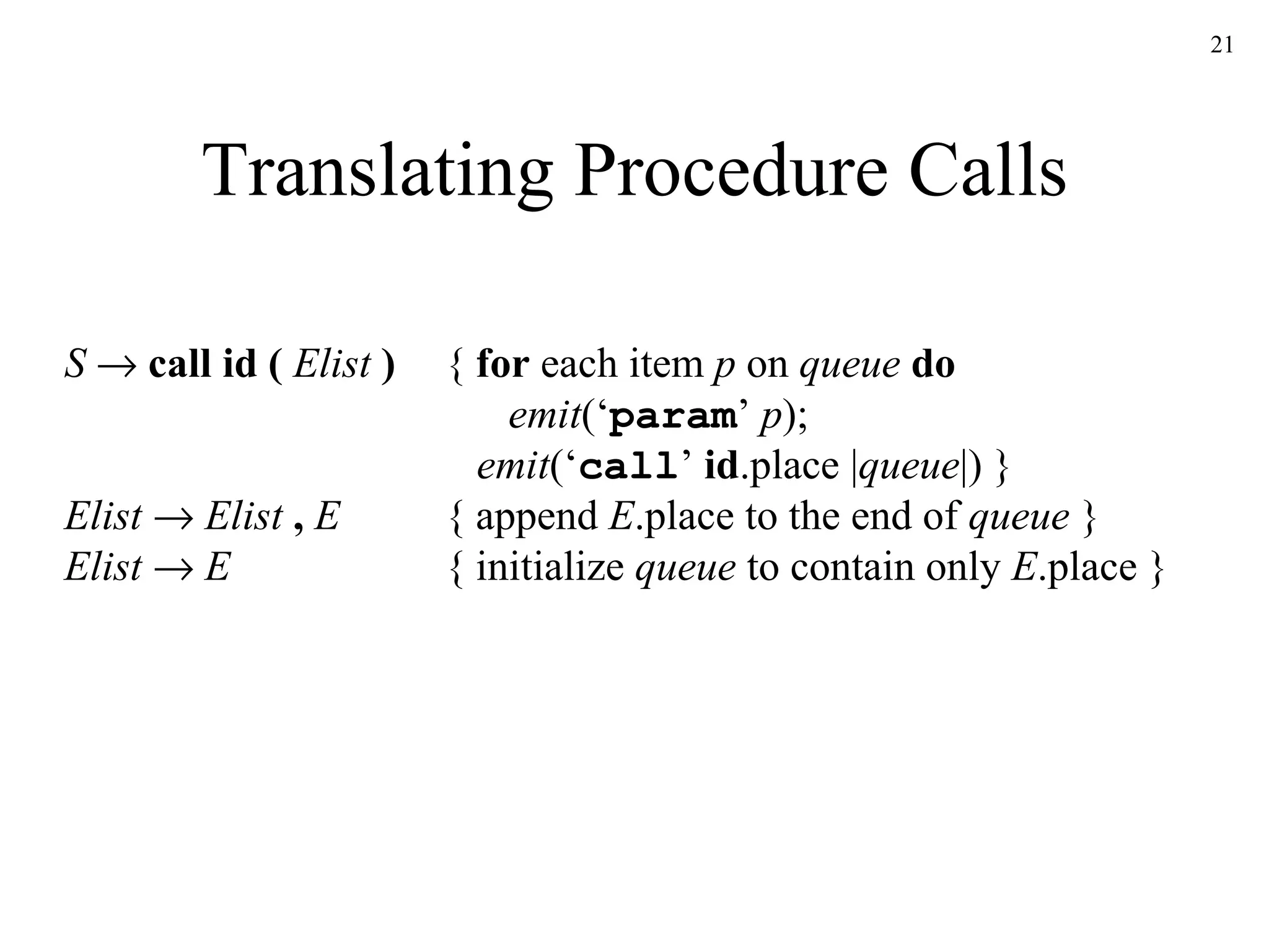 Translating Procedure Calls S      call id (   Elist   ) {  for  each item  p  on  queue   do   emit (‘ param ’  p );   emit (‘ call ’  id .place | queue |) } Elist      Elist   ,   E { append  E .place to the end of  queue  } Elist      E { initialize  queue  to contain only  E .place } 