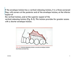If the envelope incision has a vertical-releasing incision, it is a three-cornered
flap, with corners at the posterior end of the envelope incision, at the inferior
aspect of
the vertical incision, and at the superior aspect of the
vertical-releasing incision (Fig. 8-5). This incision provides for greater access
with a shorter envelope incision.
10/22/2016 11
 