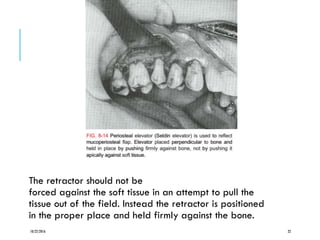 The retractor should not be
forced against the soft tissue in an attempt to pull the
tissue out of the field. Instead the retractor is positioned
in the proper place and held firmly against the bone.
10/22/2016 22
 
