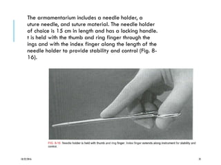The armamentarium includes a needle holder, a
uture needle, and suture material. The needle holder
of choice is 15 cm in length and has a locking handle.
t is held with the thumb and ring finger through the
ings and with the index finger along the length of the
needle holder to provide stability and control (Fig. 8-
16).
10/22/2016 25
 
