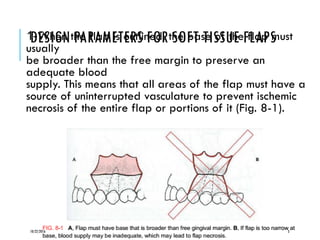 DESIGN PARAMETERS FOR SOFT TISSUE FLAPS-1 When the flap is outlined, the base of the flap must
usually
be broader than the free margin to preserve an
adequate blood
supply. This means that all areas of the flap must have a
source of uninterrupted vasculature to prevent ischemic
necrosis of the entire flap or portions of it (Fig. 8-1).
10/22/2016 3
 