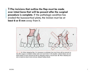 -7 The incisions that outline the flap must be made
over intact bone that will be present after the surgical
procedure is complete. If the pathologic condition has
eroded the buccocortical plate, the incision must be at
least 6 or 8 mm away from it.
10/22/2016 7
 