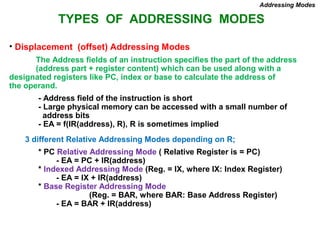 TYPES OF ADDRESSING MODES
Addressing Modes
• Displacement (offset) Addressing Modes
The Address fields of an instruction specifies the part of the address
(address part + register content) which can be used along with a
designated registers like PC, index or base to calculate the address of
the operand.
- Address field of the instruction is short
- Large physical memory can be accessed with a small number of
address bits
- EA = f(IR(address), R), R is sometimes implied
3 different Relative Addressing Modes depending on R;
* PC Relative Addressing Mode ( Relative Register is = PC)
- EA = PC + IR(address)
* Indexed Addressing Mode (Reg. = IX, where IX: Index Register)
- EA = IX + IR(address)
* Base Register Addressing Mode
(Reg. = BAR, where BAR: Base Address Register)
- EA = BAR + IR(address)
 