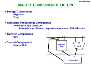 MAJOR COMPONENTS OF CPU
Introduction
• Storage Components
Registers
Flags
• Execution (Processing) Components
Arithmetic Logic Unit(ALU)
Arithmetic calculations, Logical computations, Shifts/Rotates
• Transfer Components
Bus
• Control Components
Control Unit Register
File ALU
Control Unit
 