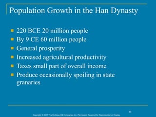Population Growth in the Han Dynasty

   220 BCE 20 million people
   By 9 CE 60 million people
   General prosperity
   Increased agricultural productivity
   Taxes small part of overall income
   Produce occasionally spoiling in state
    granaries



                                                                                                             29
          Copyright © 2007 The McGraw-Hill Companies Inc. Permission Required for Reproduction or Display.
 