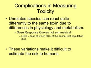 Complications in Measuring Toxicity Unrelated species can react quite differently to the same toxin due to differences in physiology and metabolism. Dose Response Curves not symmetrical LD50 - dose at which 50% of the animal test population dies These variations make it difficult to estimate the risk to humans. 