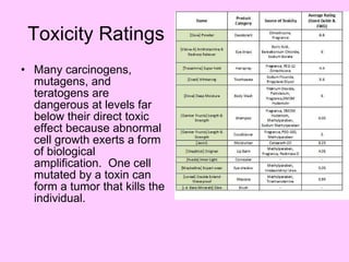 Toxicity Ratings Many carcinogens, mutagens, and teratogens are dangerous at levels far below their direct toxic effect because abnormal cell growth exerts a form of biological amplification.  One cell mutated by a toxin can form a tumor that kills the individual. 