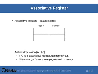 Operating System Concepts Silberschatz and Galvin19998.21Operating System Concepts Silberschatz and Galvin19995.21Operating System Concepts Silberschatz and Galvin 19994.21
21 toOperating System Concepts | Silberschatz and Galvin 1999https://github.com/syaifulahdan/ 42
Associative Register
• Associative registers – parallel search
Address translation (A´, A´´)
– If A´ is in associative register, get frame # out.
– Otherwise get frame # from page table in memory
Page # Frame #
 