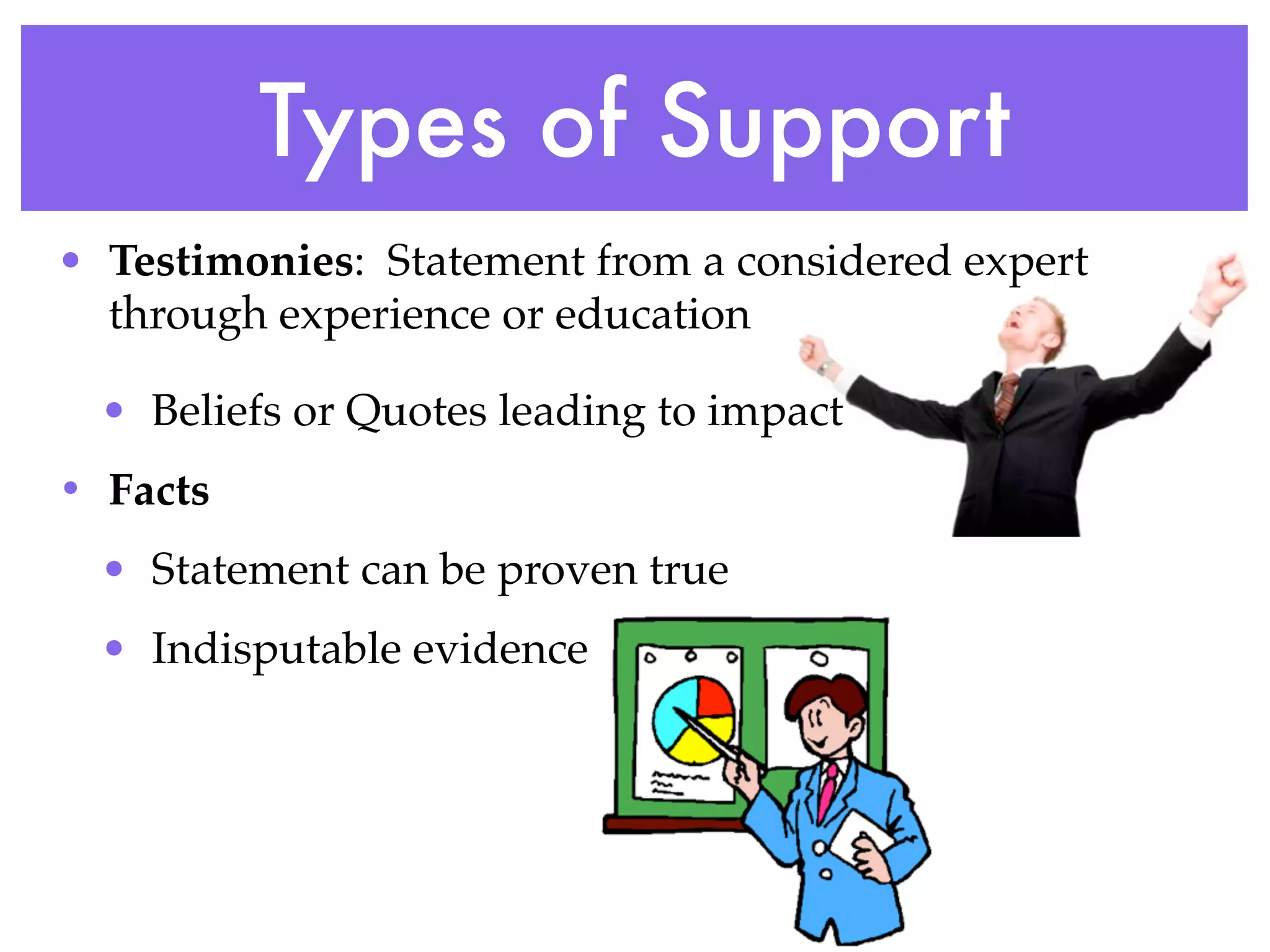 Types of Support
• Testimonies: Statement from a considered expert
  through experience or education

  • Beliefs or Quotes leading to impact
• Facts
  • Statement can be proven true
  • Indisputable evidence
 
