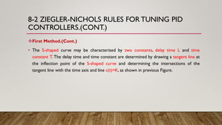 8-2 ZIEGLER-NICHOLS RULES FOR TUNING PID
CONTROLLERS.(CONT.)
First Method.(Cont.)
• The S-shaped curve may be characterized by two constants, delay time L and time
constant T. The delay time and time constant are determined by drawing a tangent line at
the inflection point of the S-shaped curve and determining the intersections of the
tangent line with the time axis and line c(t)=K, as shown in previous Figure.
 
