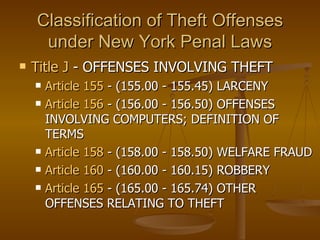 Classification of Theft Offenses under New York Penal Laws ,[object Object],[object Object],[object Object],[object Object],[object Object],[object Object]