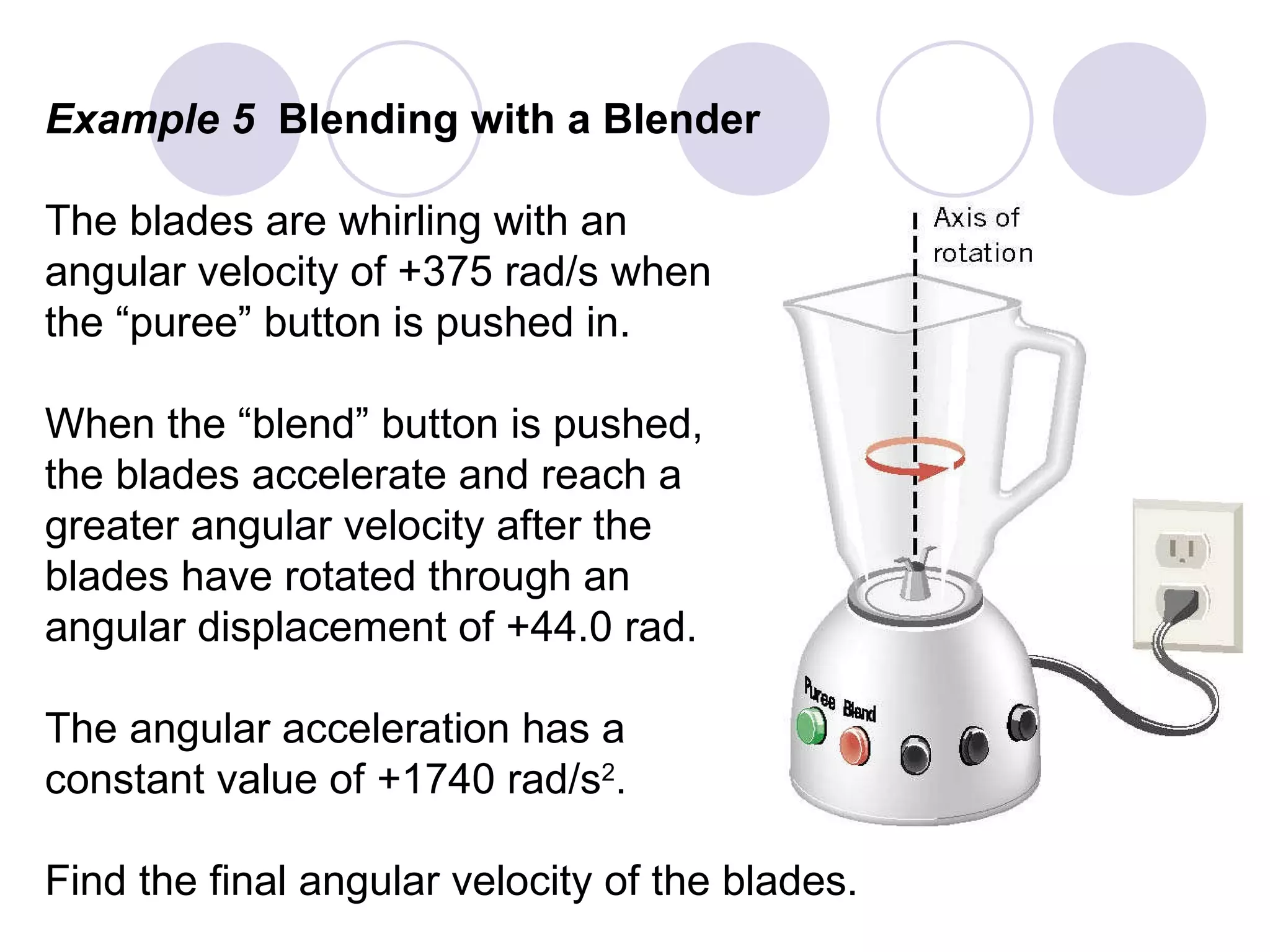 Example 5  Blending with a Blender The blades are whirling with an  angular velocity of +375 rad/s when the “puree” button is pushed in. When the “blend” button is pushed, the blades accelerate and reach a greater angular velocity after the  blades have rotated through an angular displacement of +44.0 rad. The angular acceleration has a  constant value of +1740 rad/s 2 . Find the final angular velocity of the blades. 