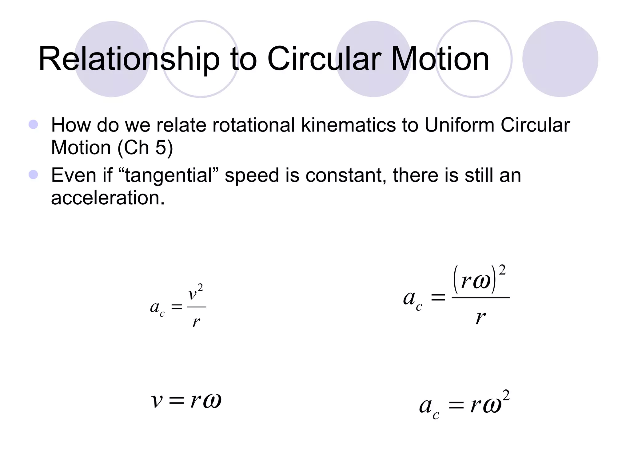 Relationship to Circular Motion How do we relate rotational kinematics to Uniform Circular Motion (Ch 5) Even if “tangential” speed is constant, there is still an acceleration. 