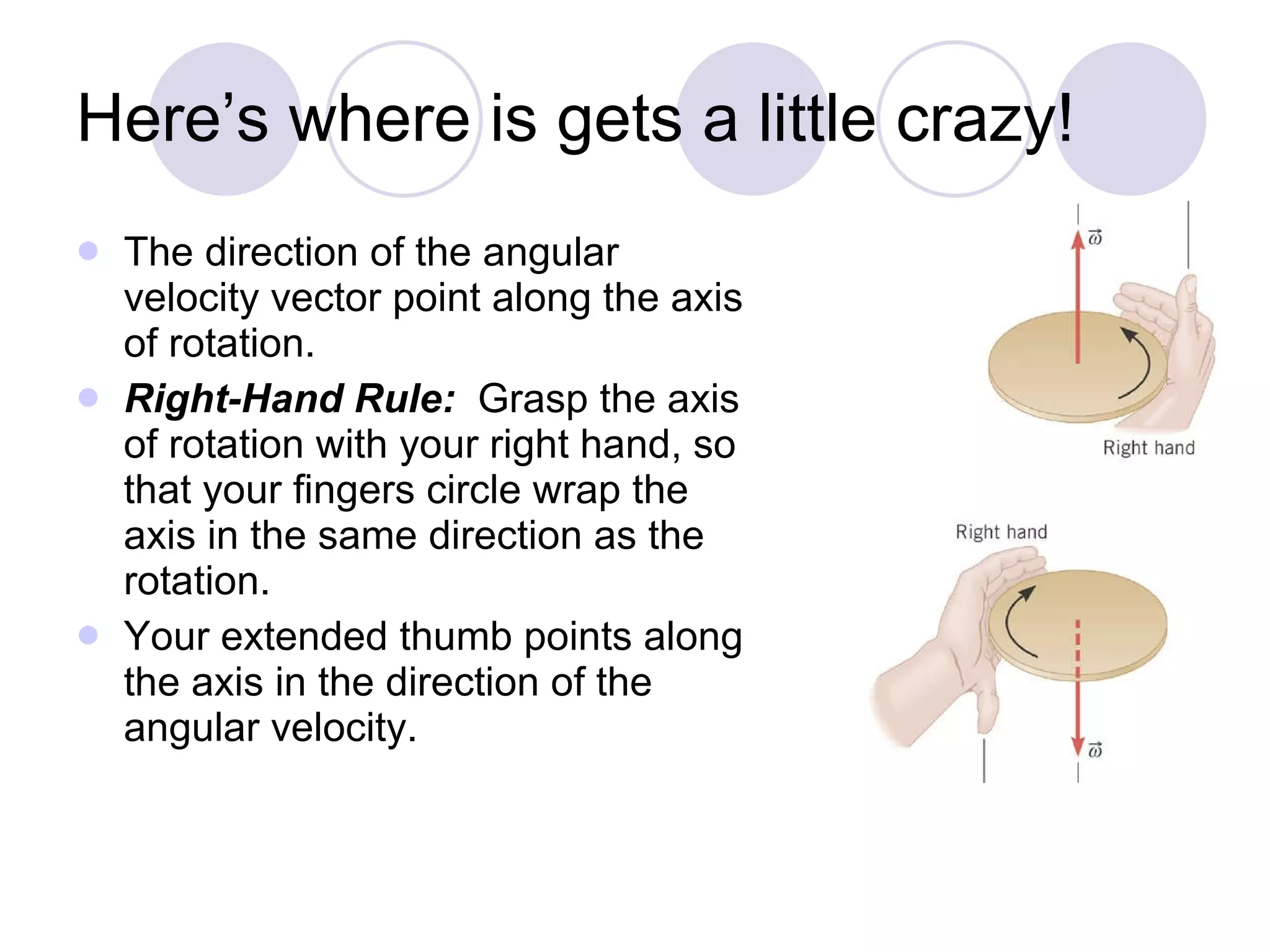 Here’s where is gets a little crazy! The direction of the angular velocity vector point along the axis of rotation. Right-Hand Rule:  Grasp the axis of rotation with your right hand, so that your fingers circle wrap the axis in the same direction as the rotation. Your extended thumb points along the axis in the direction of the angular velocity. 