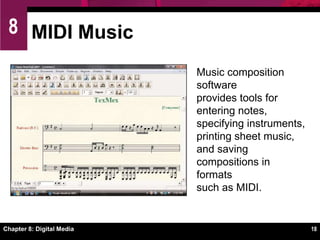 Chapter 8: Digital Media14Portable Audio PlayersPocket-sized, battery-powered device that stores digital music.Digital music is available from a wide variety of sourcesFormats include MP3, AAC, and WMAA series of digital music tracks in                            a portable device is known as a              playlist.