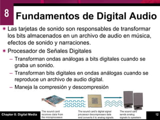 Tamaño de muestras mayores permiten rangos de sonido  más dinámicos (louder louds and softer softs)Fundamentos de Digital AudioMuestreo  es el proceso de convertir una señal análoga en un sonido digital.  Cada punto es una “instantánea” (snapshot) y representa una muestra de audio.  